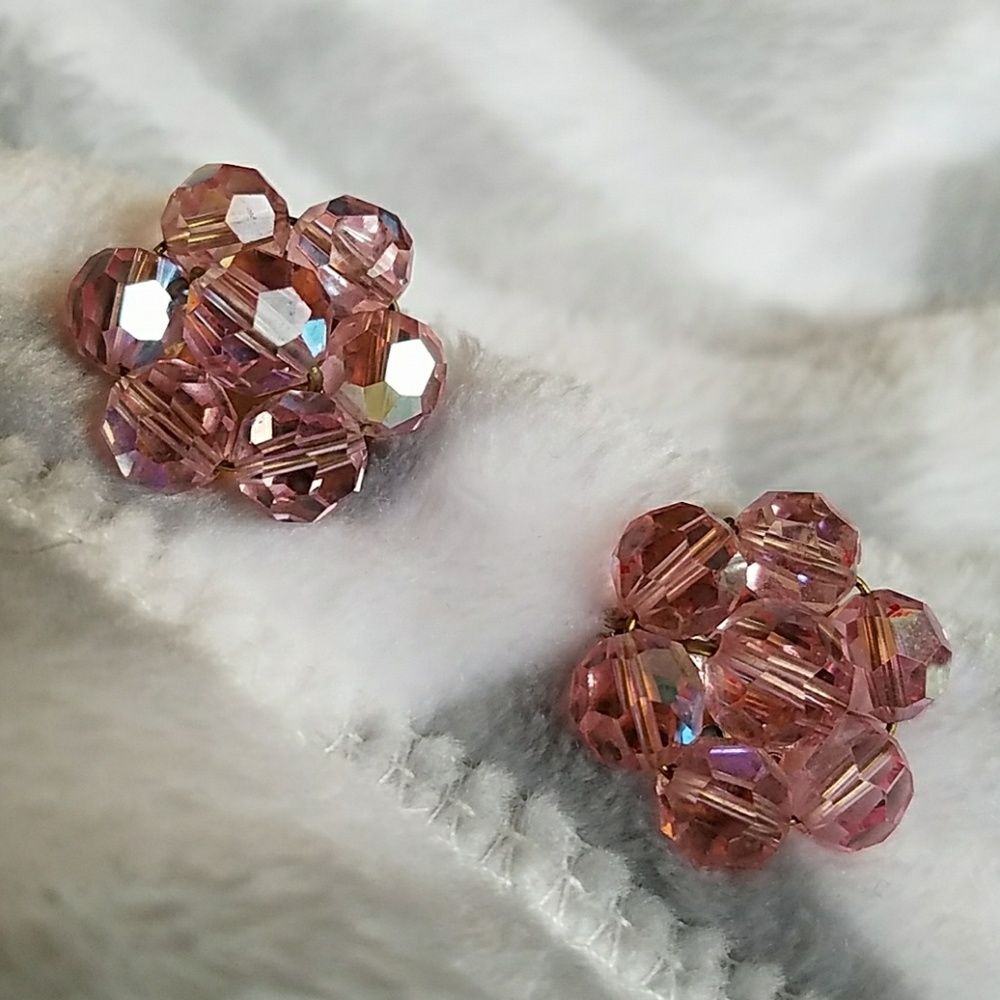 Vintage Pink Aurora Borealis Bead Cluster Earring